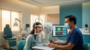 Eye specialist measuring corneal thickness with pachymetry to assess LASIK eligibility and safety before laser vision correction.