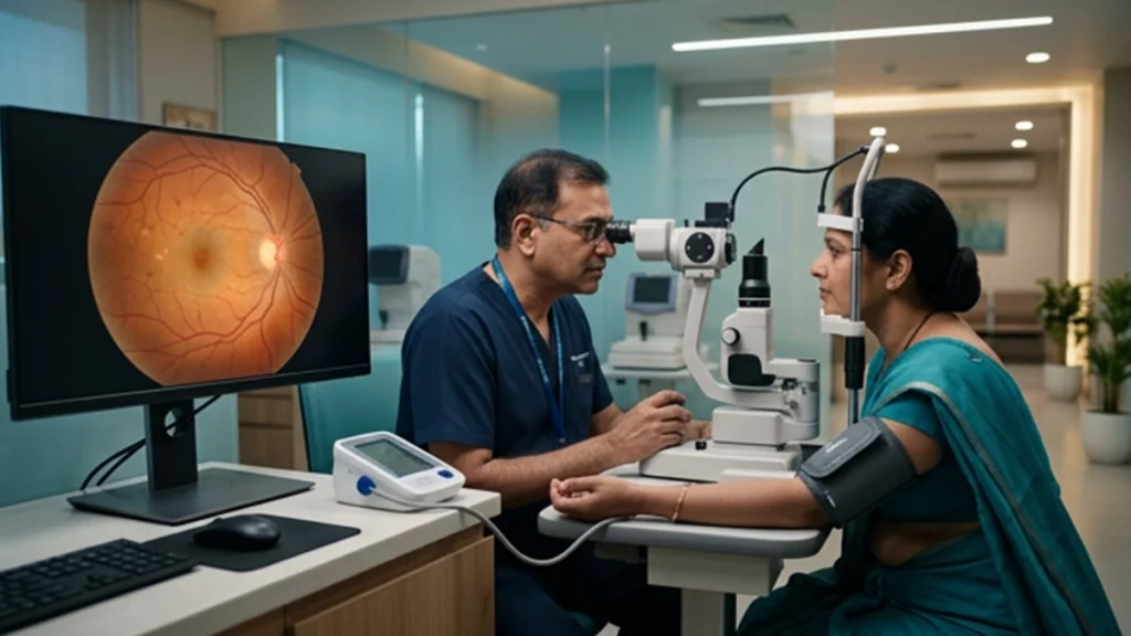 Eye specialist examining the retina for hypertensive retinopathy and assessing retinal blood vessel changes, grades, symptoms, and treatment options.