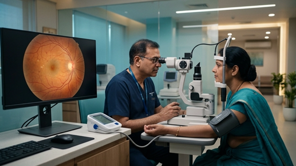 Eye specialist examining the retina for hypertensive retinopathy and assessing retinal blood vessel changes, grades, symptoms, and treatment options.