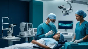 Eye specialist explaining anti-VEGF eye injections, including their uses, procedure, benefits, risks, and recovery to a patient.