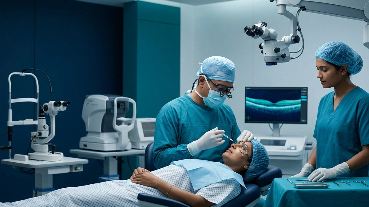 Eye specialist explaining anti-VEGF eye injections, including their uses, procedure, benefits, risks, and recovery to a patient.