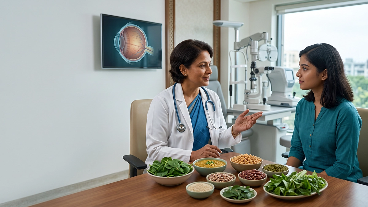 Eye specialist examining a patient with vision changes while discussing possible links between iron deficiency and eye health.