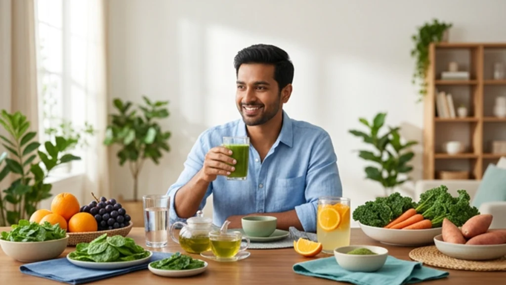 Healthy drinks including fruit smoothies, milk, green tea, and nutrient-rich beverages that may support eye health and healthy vision.