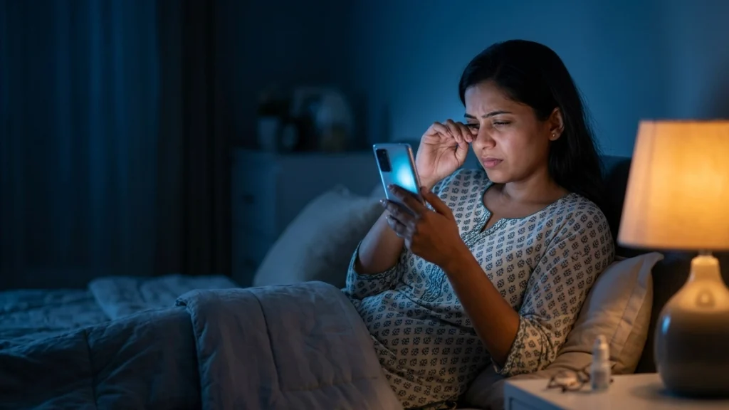 Person using a smartphone at night while learning about bedtime habits that may contribute to eye strain and discomfort.