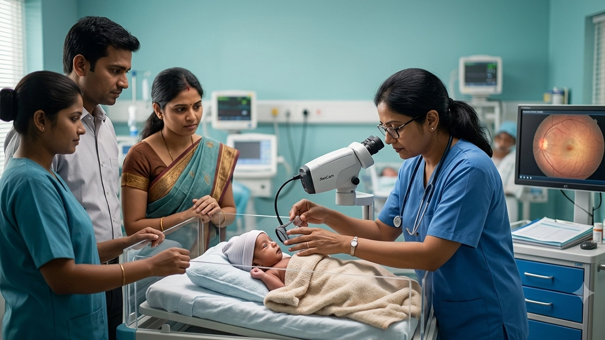 Eye specialist performing an ROP screening for a premature baby to check retinal development and identify signs of retinopathy of prematurity.