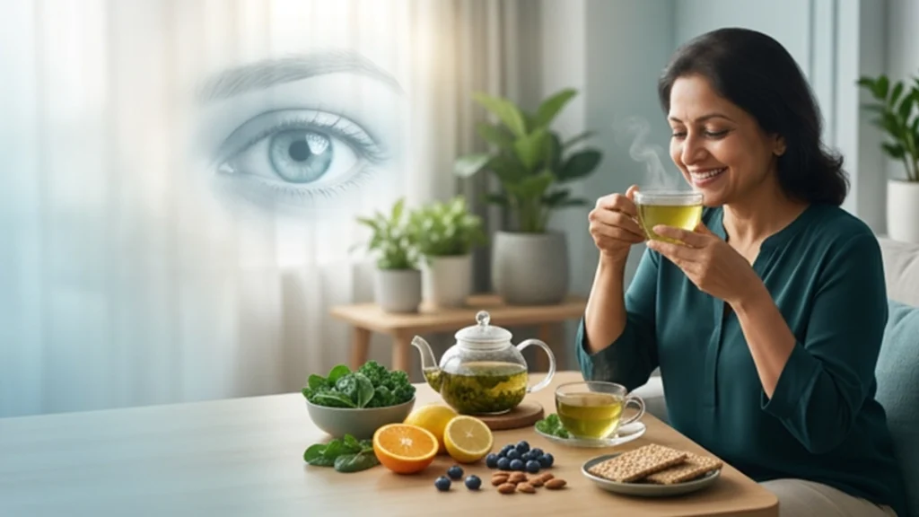 Green tea alongside an eye-health illustration showing antioxidants and their potential role in supporting healthy vision.