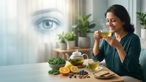 Green tea alongside an eye-health illustration showing antioxidants and their potential role in supporting healthy vision.