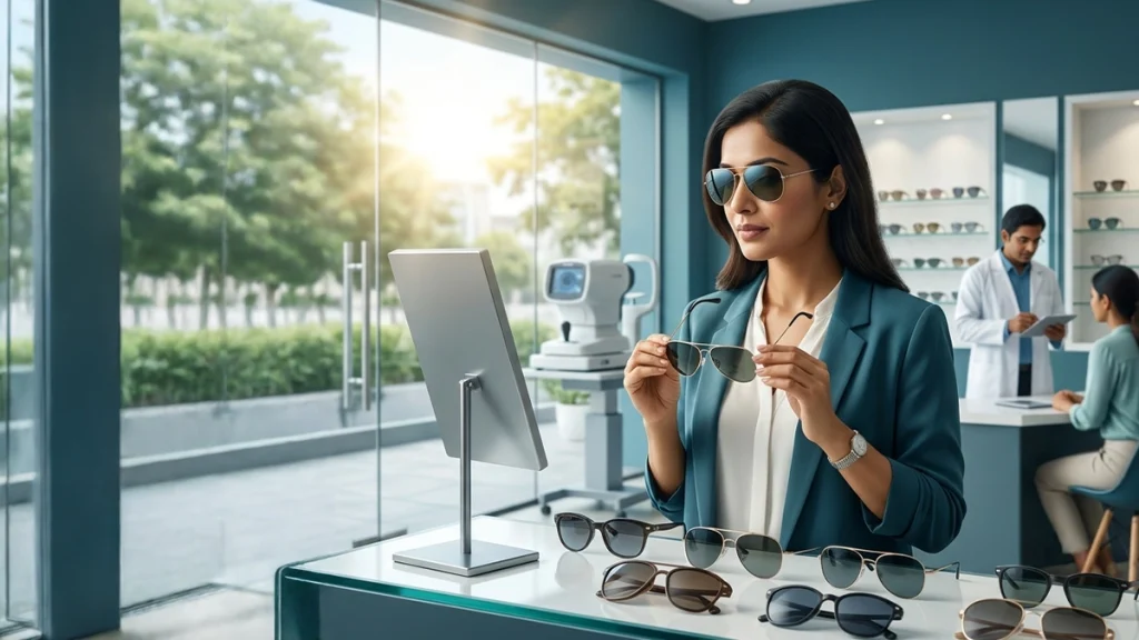 Person choosing UV-protective sunglasses while learning about lens types, fit, polarization, and features for eye protection.