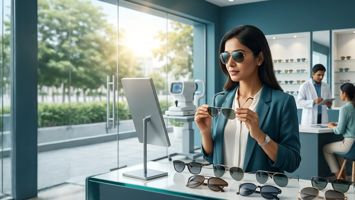 Person choosing UV-protective sunglasses while learning about lens types, fit, polarization, and features for eye protection.