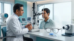 Eye specialist discussing hypermetropia correction options, including glasses, contact lenses, and surgery for clearer vision.