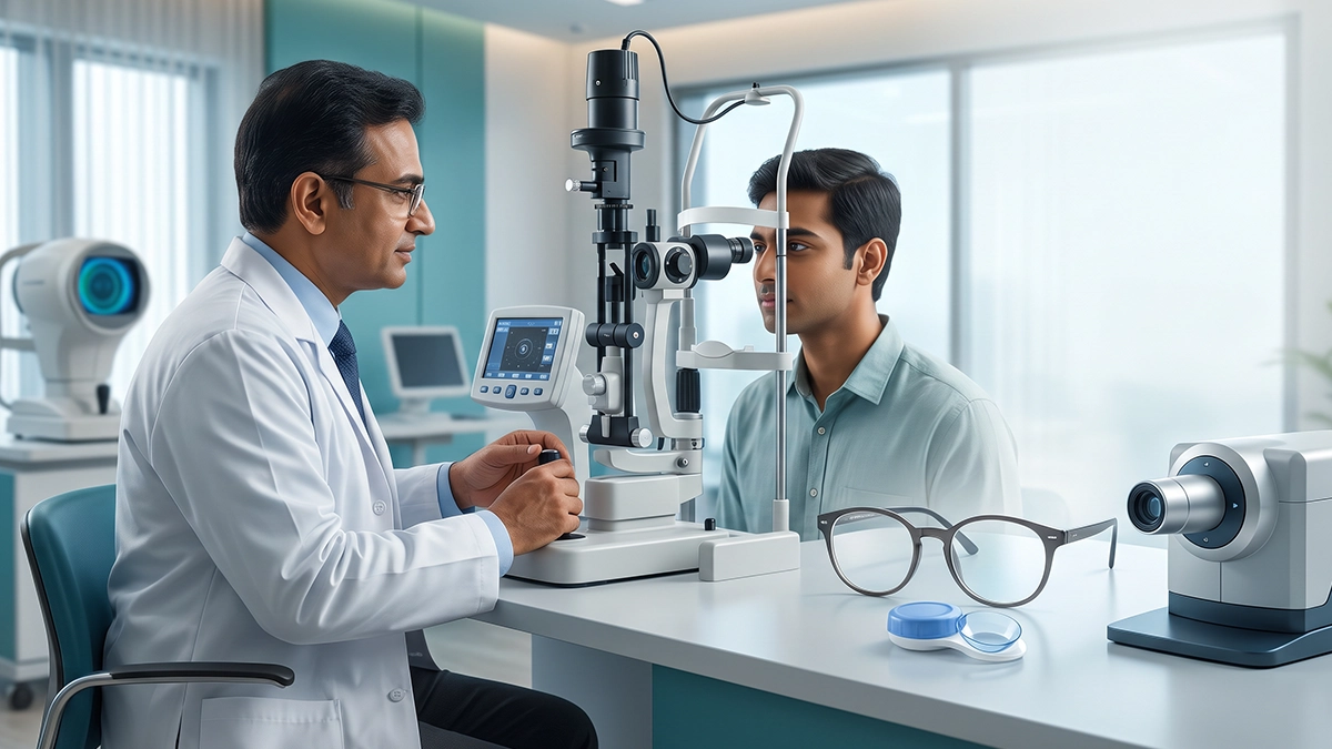 Eye specialist discussing hypermetropia correction options, including glasses, contact lenses, and surgery for clearer vision.