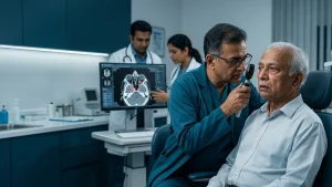 Eye specialist examining a patient for possible black fungus affecting the eyes, checking for symptoms, warning signs, and eye complications.