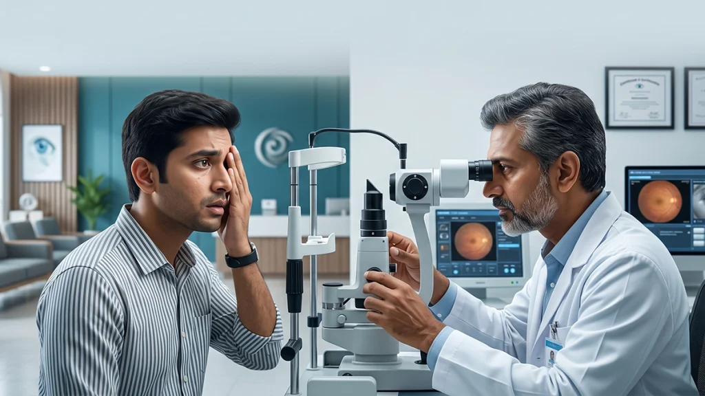 Person experiencing blurry vision in one eye while an eye specialist examines possible causes and treatment options.