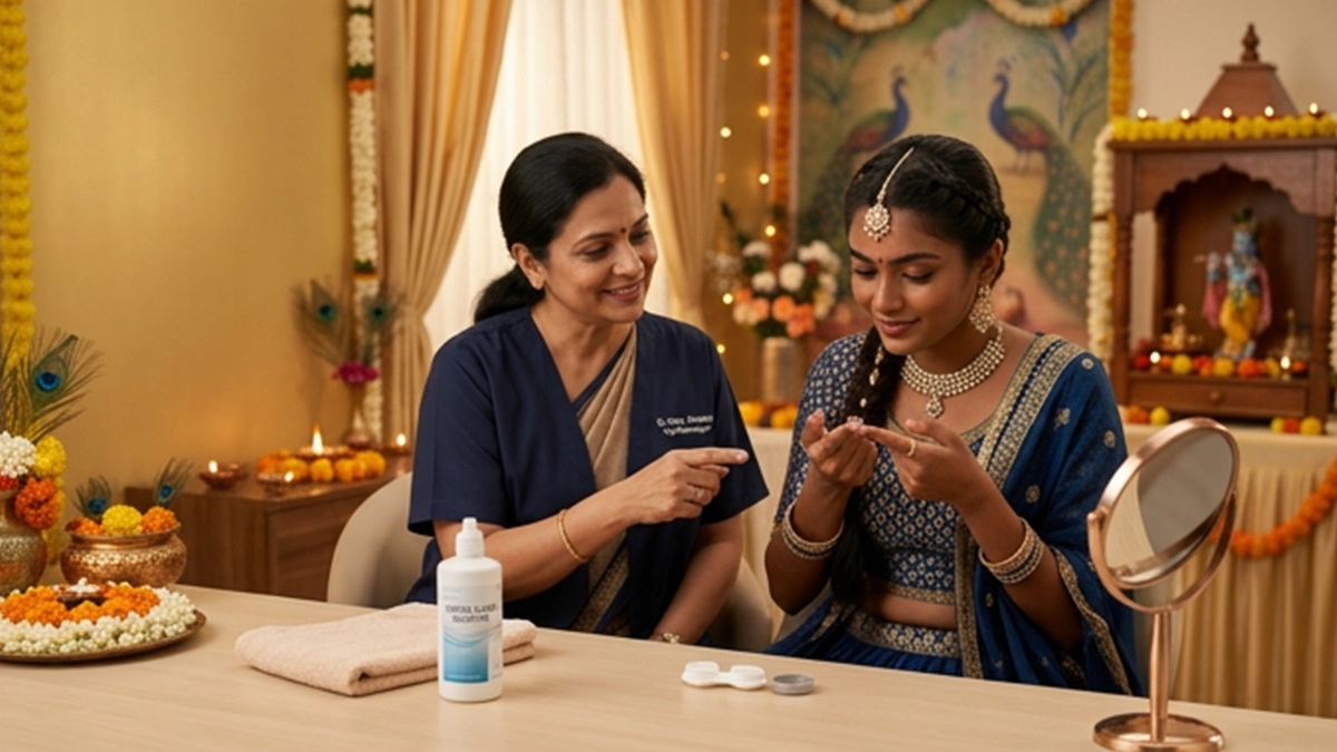 Person wearing contact lenses during Janmashtami celebrations while following safe lens hygiene and eye care practices.