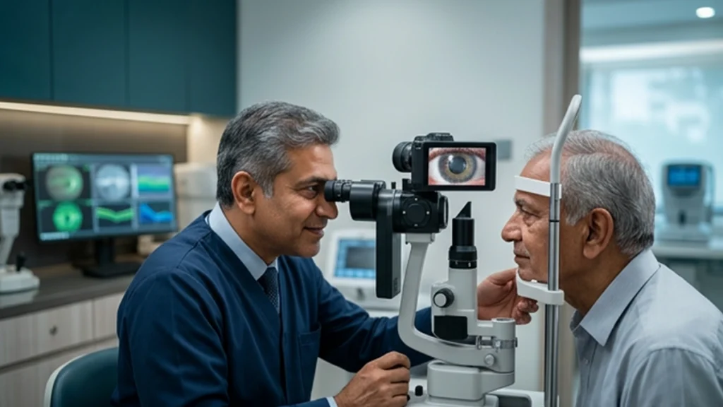 Eye specialist examining a patient for pseudoexfoliation syndrome and assessing eye signs, glaucoma risk, eye pressure, and treatment options.