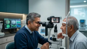 Eye specialist examining a patient for pseudoexfoliation syndrome and assessing eye signs, glaucoma risk, eye pressure, and treatment options.