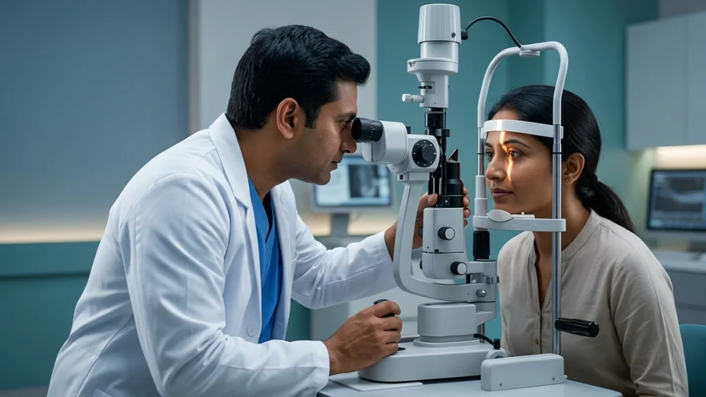 Eye specialist performing a slit lamp examination to examine the cornea, lens, iris, and other structures of the eye.