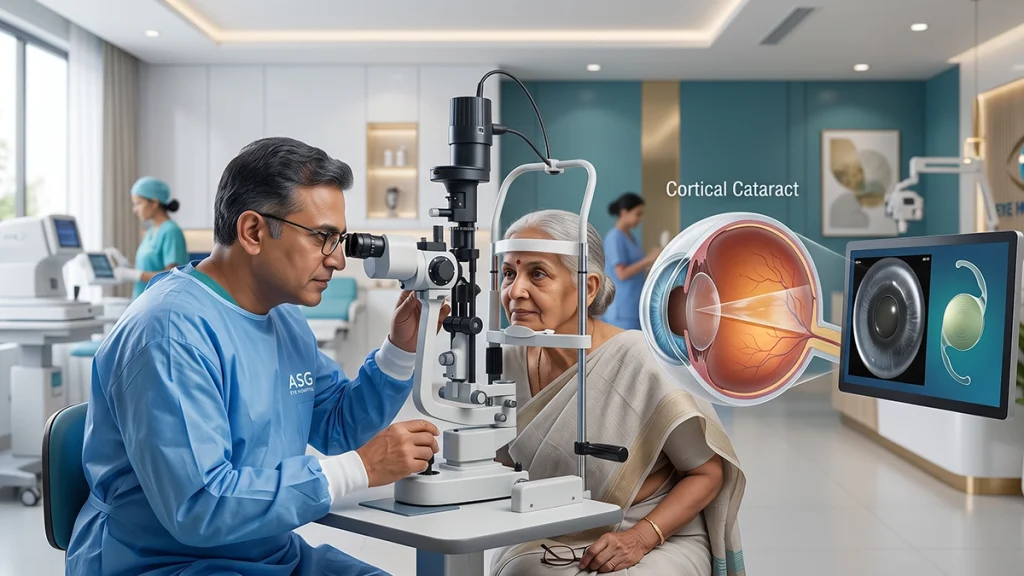 Eye specialist examining a patient for cortical cataract and assessing lens changes, vision symptoms, stages, and treatment options.