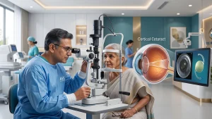 Eye specialist examining a patient for cortical cataract and assessing lens changes, vision symptoms, stages, and treatment options.