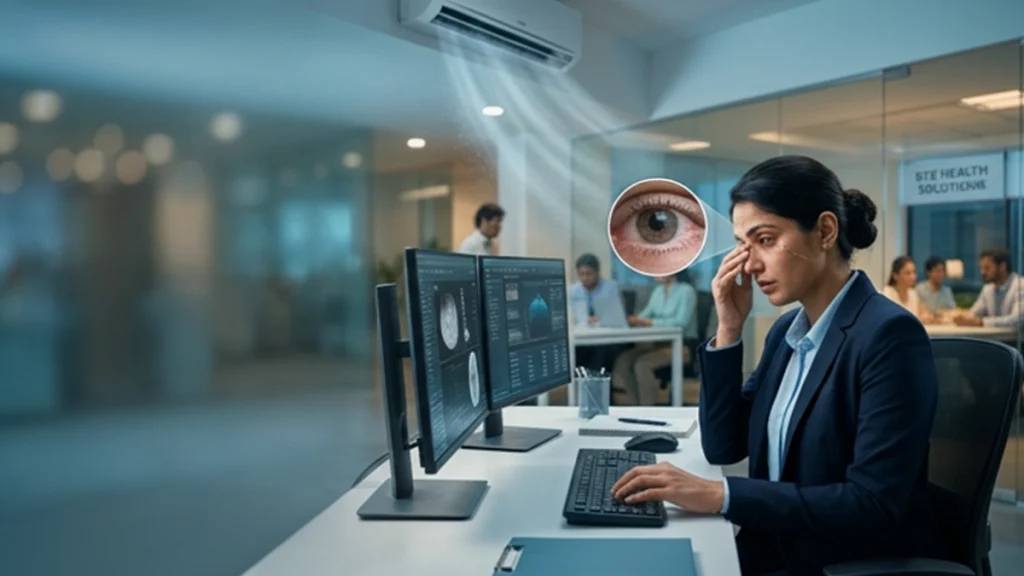Person experiencing dry, irritated eyes while sitting in an air-conditioned room and learning ways to reduce AC-related eye discomfort.