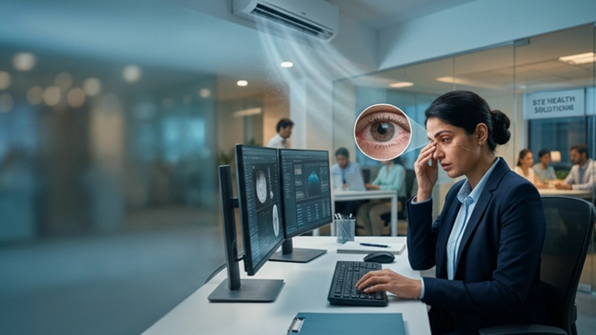 Person experiencing dry, irritated eyes while sitting in an air-conditioned room and learning ways to reduce AC-related eye discomfort.