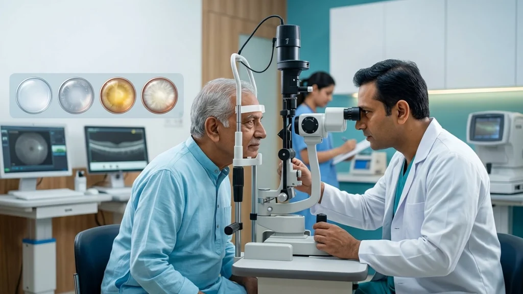 Eye specialist examining a cataract and explaining its stage, severity, grading system, and possible treatment options.