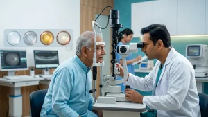 Eye specialist examining a cataract and explaining its stage, severity, grading system, and possible treatment options.