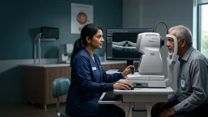 Eye specialist examining the retina for cystoid macular edema using retinal imaging to assess macular swelling, symptoms, and treatment options.