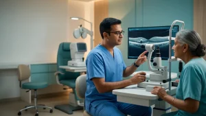 Eye specialist examining the retina for macular edema and assessing swelling, central vision changes, diagnostic tests, and treatment options.