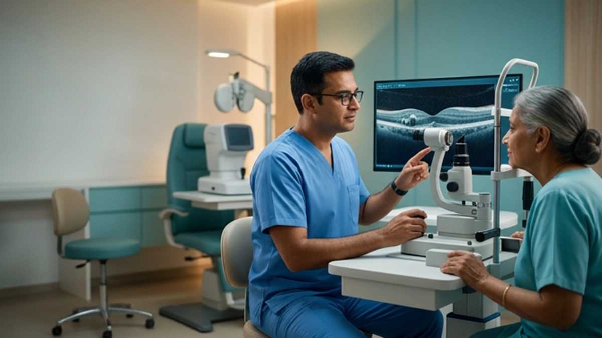 Eye specialist examining the retina for macular edema and assessing swelling, central vision changes, diagnostic tests, and treatment options.