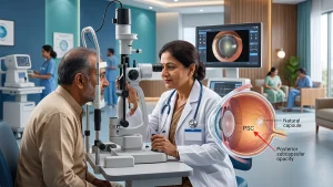 Eye specialist examining a patient for posterior subcapsular cataract, assessing vision changes, symptoms, and possible treatment options.