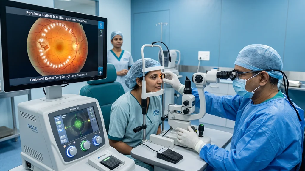 Eye specialist performing barrage laser treatment to seal retinal breaks and help protect the retina from further damage.