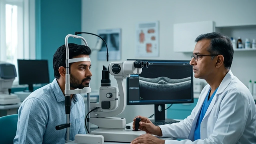Eye specialist examining the retina for central serous chorioretinopathy and assessing fluid buildup, vision changes, and treatment options.