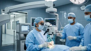 Eye specialist explaining vitrectomy surgery, including its uses, procedure, recovery, potential risks, and post-surgery eye care.