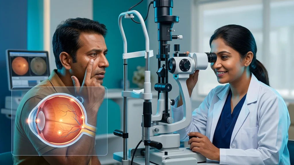 Person experiencing eye pain while an eye specialist examines the eyes to identify possible causes and warning signs.