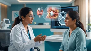 Eye specialist examining a patient for thyroid-related eye problems, including swelling, redness, bulging eyes, and vision changes.