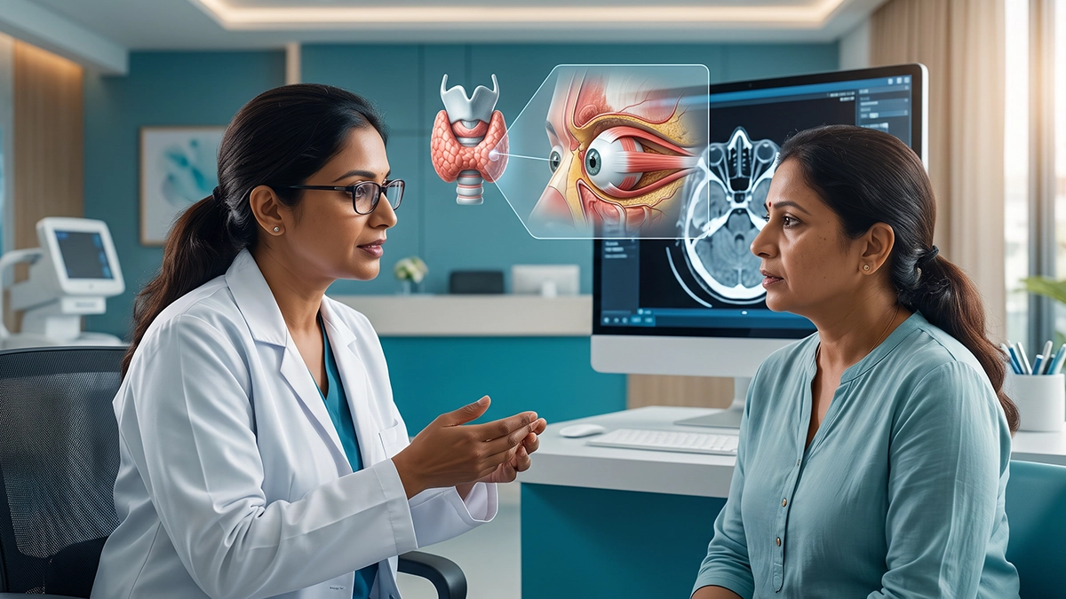 Eye specialist examining a patient for thyroid-related eye problems, including swelling, redness, bulging eyes, and vision changes.
