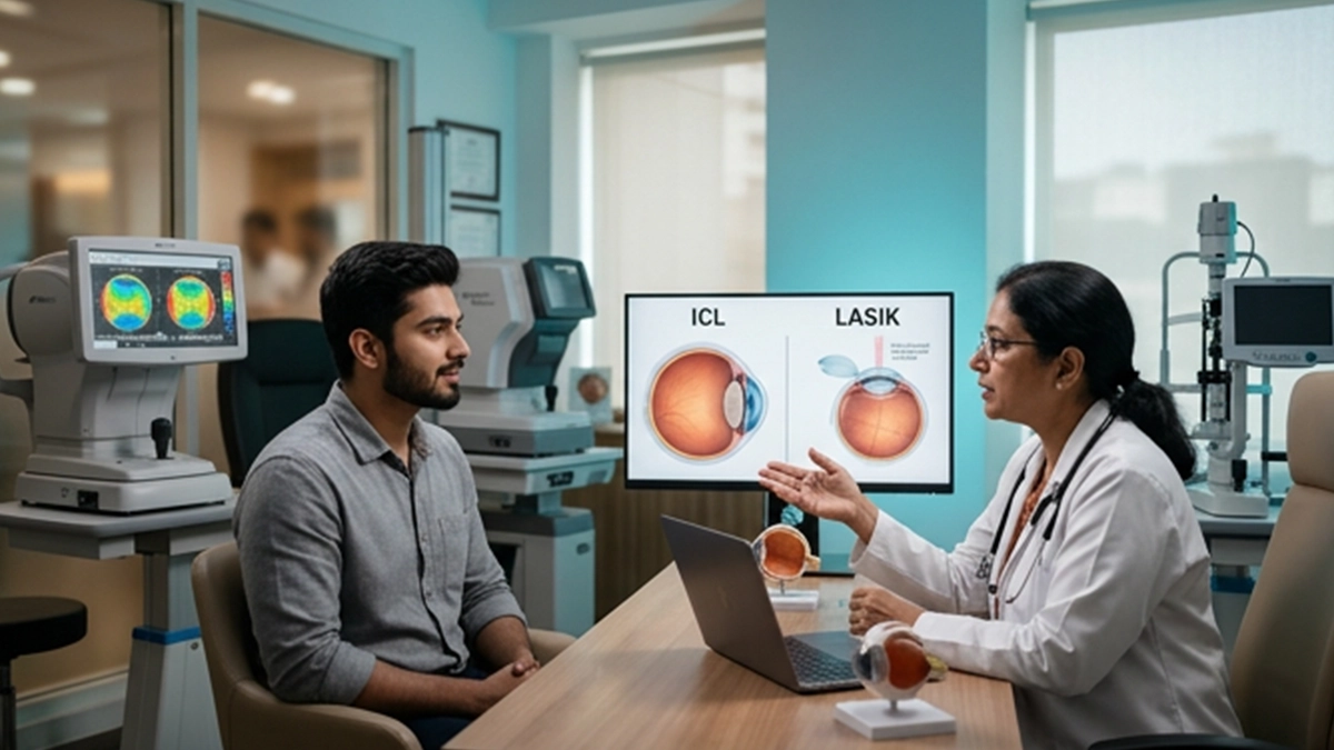 Eye specialist comparing ICL and LASIK with a patient, explaining eligibility, benefits, risks, recovery, and vision correction options.