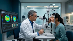 Eye specialist examining a patient after LASIK surgery to assess possible complications, warning signs, and treatment options.