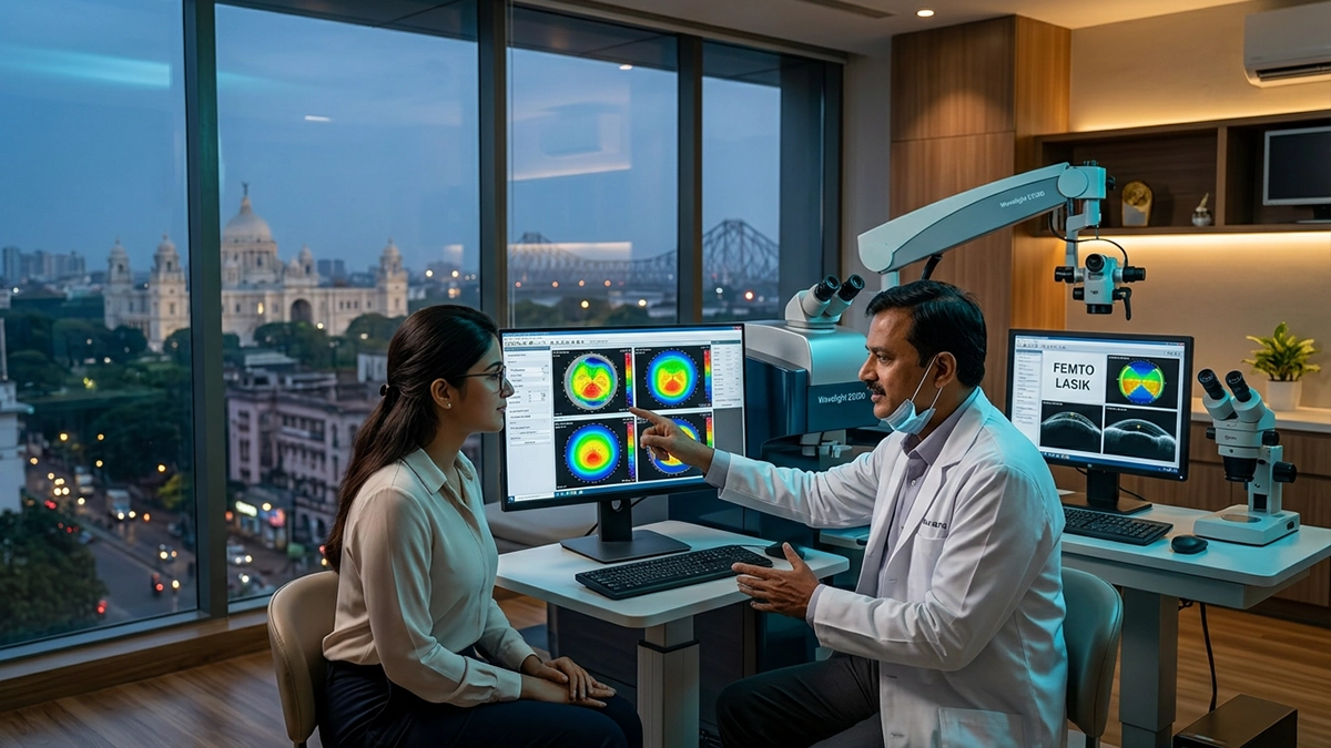 Cataract specialist discussing surgery, lens options, treatment cost, eligibility, and recovery with a patient in Kolkata.