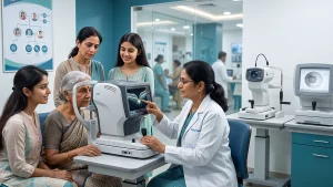 Eye specialist performing a glaucoma screening to assess eye pressure, optic nerve health, and risk factors for vision loss.