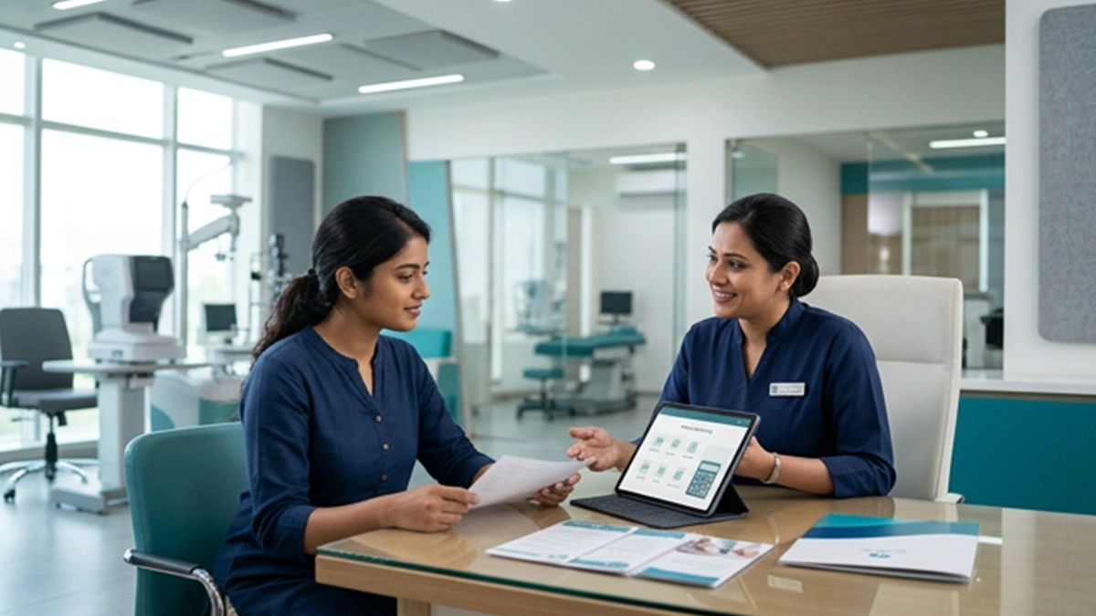 Eye specialist checking a patient's vision and discussing when to update glasses or replace contact lenses for clear and comfortable vision.