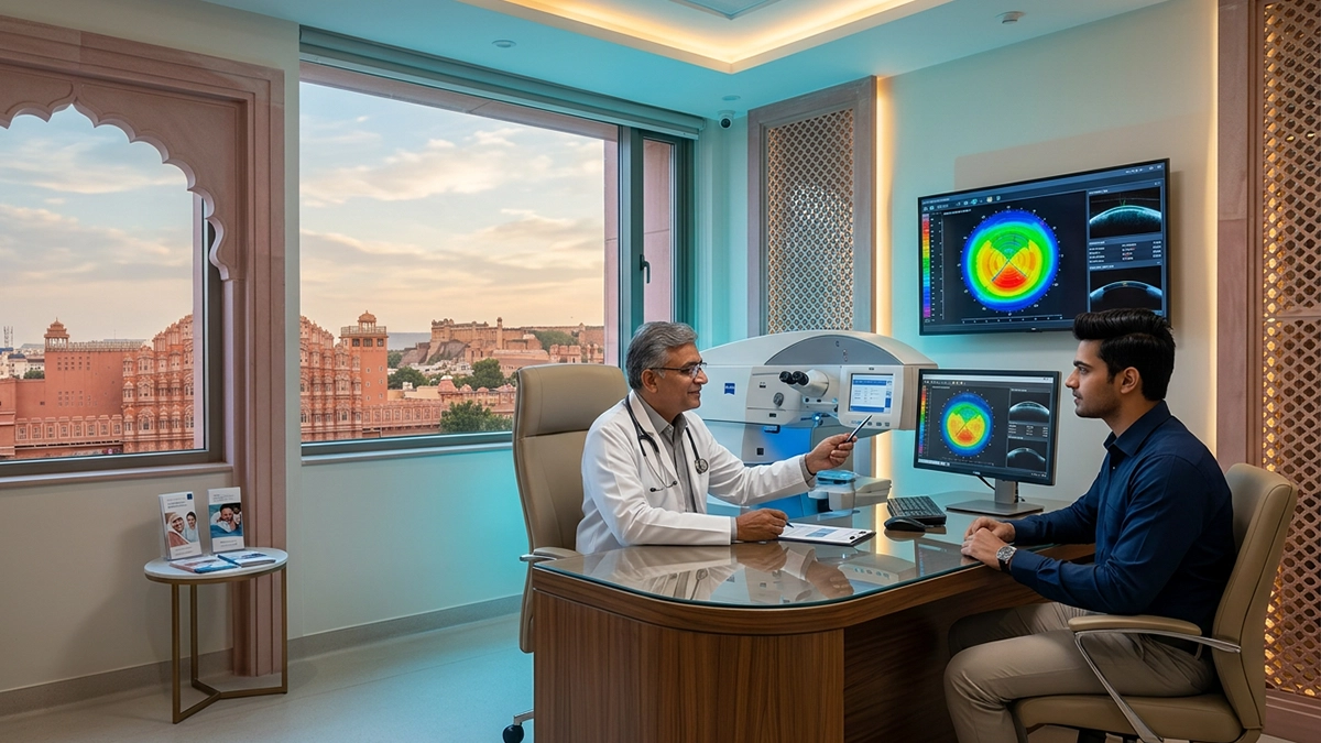 LASIK eye surgery consultation in Jaipur with an eye specialist discussing laser vision correction, treatment options, cost, eligibility, and recovery.