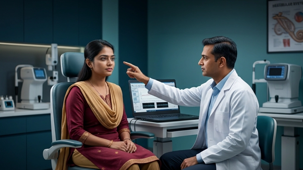 Eye specialist examining a patient with nystagmus and assessing involuntary eye movements, vision changes, possible causes, and treatment options.