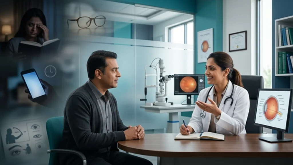 Eye specialist explaining common eye health myths about glasses, screen time, eye exercises, nutrition, and vision care.