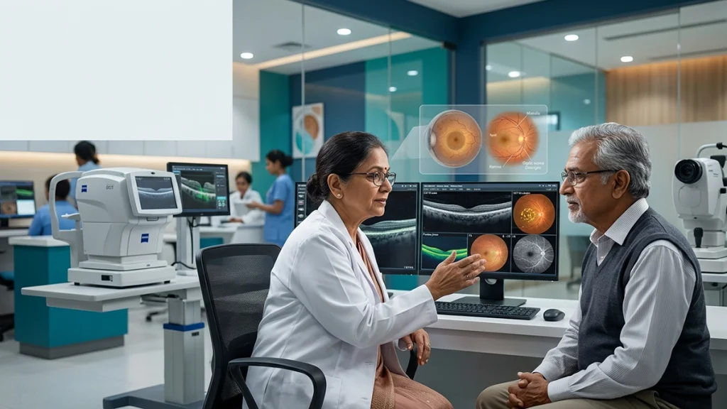 Older adult receiving an eye examination to screen for age-related eye diseases, vision changes, cataracts, glaucoma, and macular degeneration.