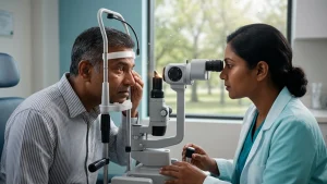 Person experiencing itchy, red and watery eyes due to allergies while an eye specialist explains symptoms, triggers, and treatment options.