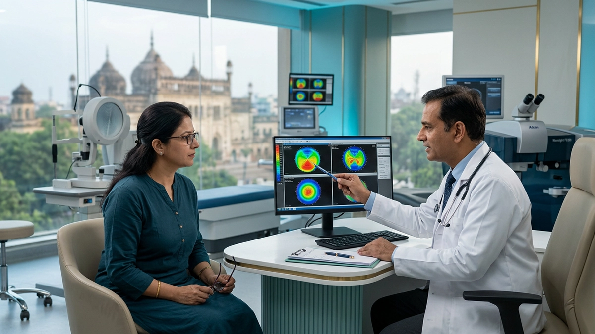 LASIK eye surgery consultation in Lucknow with an eye specialist discussing laser vision correction, treatment options, cost, eligibility, and recovery.