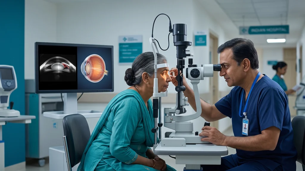 Eye specialist examining a patient with phacomorphic glaucoma, assessing elevated eye pressure, cataract-related symptoms, and urgent treatment needs.