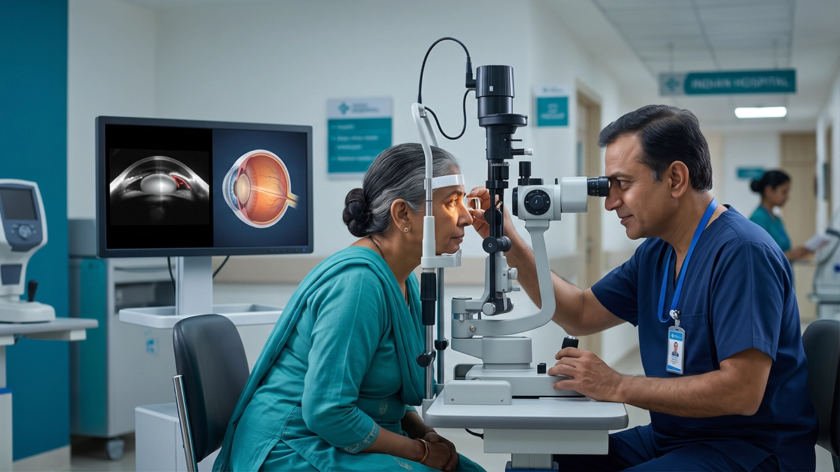 Eye specialist examining a patient with phacomorphic glaucoma, assessing elevated eye pressure, cataract-related symptoms, and urgent treatment needs.